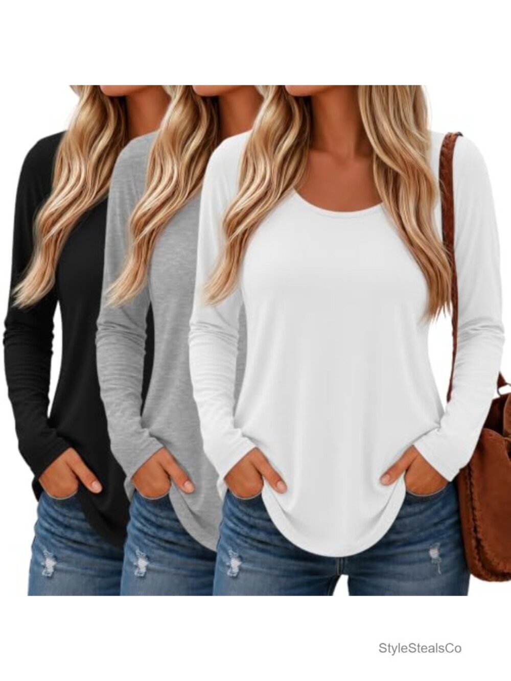 3 Pack Women's Long Sleeve Scoop Neck T-Shirts Soft Stretchy Casual